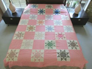 Rare Pattern Vintage Feed Sack French Star Quilt Top Hand & Machine Pieced; Full