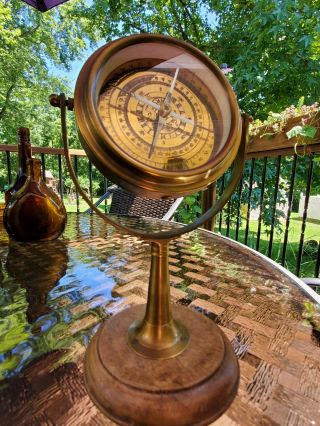 Nautical Vintage Antique Style Brass Wood Maritime Navigational Desk Compass