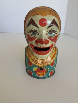 Vintage J.  Chein Tin Litho Clown Bank Antique Toy 1940 