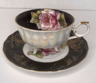 Royal Halsey Very Fine China Footed Cup & Saucer Black Pink White Luster Roses