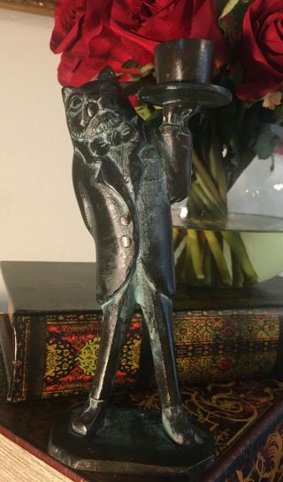 Rare Antique/vintage Cat Butler Candle Holder Figurine In Bronze 7.  5”h