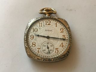 Rare Art Deco 1923 Elgin 12s 17j Pocket Watch Gold Filled 2 Tone Cushion Case