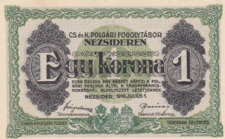 1 Korona/kronen Aunc P.  O.  W Camp Currency Note From Austro - Hungary 1916 Rare