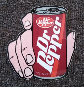 Rare Vintage Dr Pepper " Can In Hand " Die Cut Window Sign.  Nos &