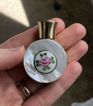 Vintage Antique Mini Perfume Bottle Gold Metal Case W Mother Of Pearl Flower