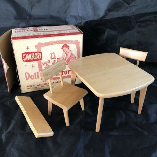 Vintage Strombecker Wood Table & 2 Chairs Mid - Century Furniture 8 " Doll 144