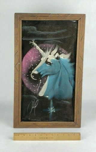 Vintage Black Velvet Unicorn Painting 1970s Mcm Wood Frame Mexico Antique Moon