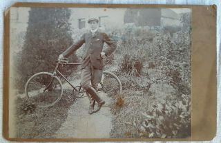 Antique Albumen Photo Of Dapper Man W/ Early Bicycle In Garden,  4 1/4 " × 6 1/2 "