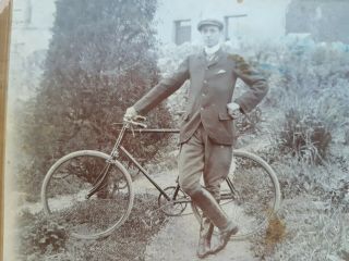 Antique Albumen Photo of DAPPER Man w/ Early Bicycle in Garden,  4 1/4 