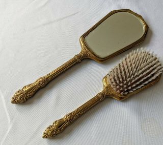 Antique Vintage Art Deco Golden Color 2 Pc Dresser Set Mirror And Hairbrush