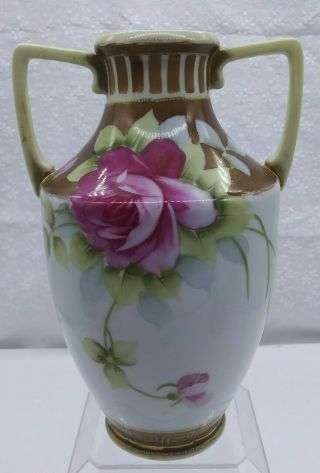 Antique/vintage Nippon Hand Painted 2 Handles Vase Pink Roses 8 " Tall