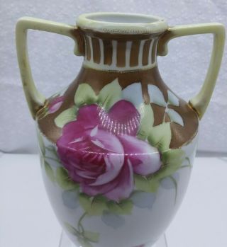 Antique/Vintage Nippon Hand Painted 2 Handles Vase Pink Roses 8 