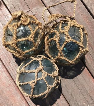 3 Vintage Hand Blown Glass Fish Net Floats With Knotted Hemp Wrap 1 Signed