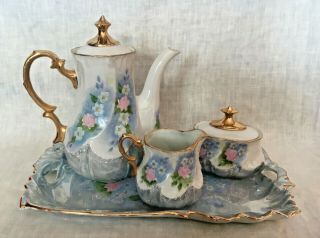 6 Pc.  Antique Hand - Painted China Porcelain Tea Set Pink Roses Forget - Me - Nots
