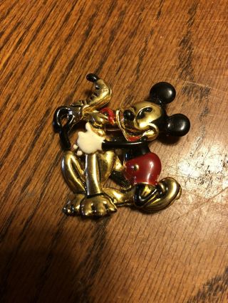 Rare Vintage Gold Tone Disney & Co Signed Napier Mickey Mouse & Pluto Pin Brooch