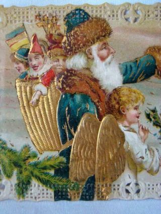 Antique Christmas Blue Robe Santa Embossed Gilded Pierced Edge Postcard Germany