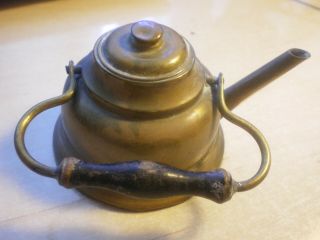 Antique Vintage Dollhouse Miniature Copper Brass Tea Pot Tea Kettle Wood Handle