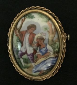Vintage Antique Limoges France Courting Couple Porcelain Brooch,  Pin