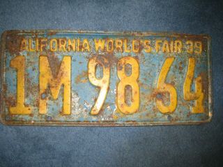 Rare 1939 World’s Fair (california) 1m 98 64 License Plate - Vintage