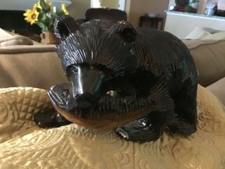 Vintage Hand Carved Wood Black Bear Clenching Large Salmon