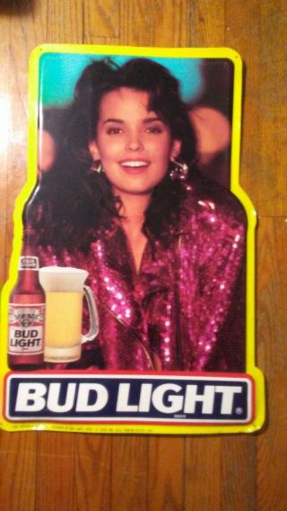 Vintage Bud Light Brunette Woman Beer Tin Sign 25 Inches Lng X 12 Inch Rare 1990
