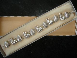 Cute Old Silver Metal Vintage Easter Egg Bunny Rabbit Sliding 11 Charm Bracelet