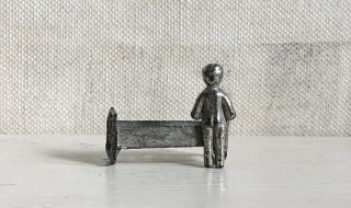 Sweet Antique Tiny Miniature Metal Frozen Charlotte Doll In Metal Bed