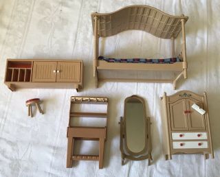 Vintage Tomy Doll House Furniture Mirror,  Bed,  Armoire,  Kitchen Block,  Cabinet
