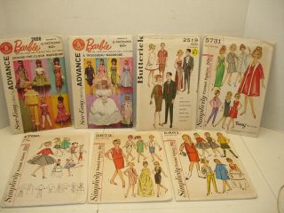 Eight Vintage Doll Sewing Patterns.  Advance Barbie & Others