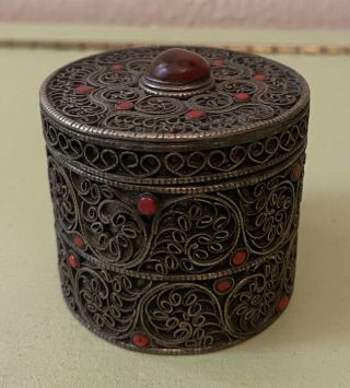 Antique Tibetan Silver Filigree Round Trinket Box With Coral Stones Nepal