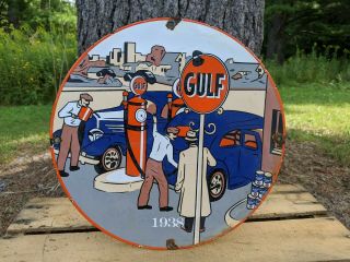 Vintage Rare Old 1938 Gulf Gasoline Porcelain Gas Station Ad Sign " Orange Disc "