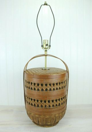 Vintage Mid Century Asian Bamboo Wicker Basket Table Lamp