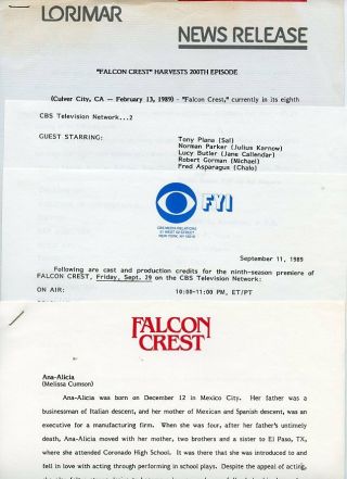 Ana - Alicia Falcon Crest Rare 1983 Cbs Tv Press Material