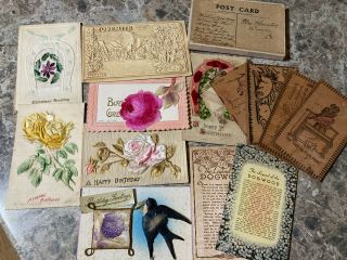 Antique Vintage Embroidered Embossed Flower Floral Leather Cards Postcards