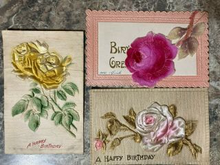 Antique Vintage Embroidered Embossed Flower Floral Leather Cards Postcards 2
