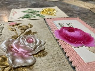 Antique Vintage Embroidered Embossed Flower Floral Leather Cards Postcards 3