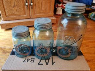 3 Antique Blue Ball Mason Jars 1/2 Gallon,  Quart,  Pint W/zinc Lids Rubbers 3,  5,  6