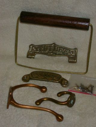 Antique Solid Brass Toilet Roll Bracket,  2 Brass Clothes Hooks & Brass Drawer Pu