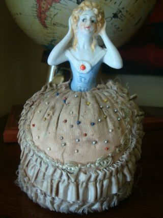 Antique Vintage Half Doll Porcelain Pin Cushion - Girl W/antebellum Silk Dress