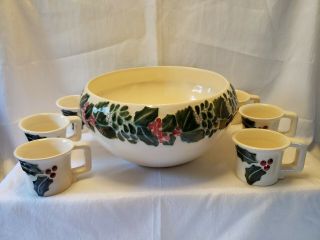 Rare Vintage Kay Finch Christmas Holly Berry Punch Bowl California Pottery 03f5
