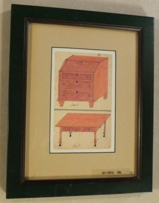Vintage Framed & Matted Furniture Drawings Artwork 11 " By 14.  5 " Desk & Table