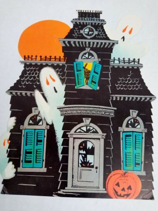 Vintage Halloween Gibson Die Cut Out Haunted House Ghosts Cat Jol 25h Rare 50s