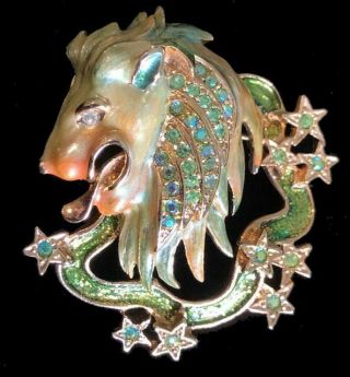Rare Vintage Kirks Folly Leo The Lion Enamel Rhinestone Zodiac Pin/brooch Stars