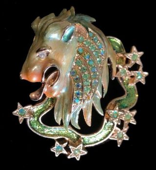 Rare Vintage Kirks Folly LEO the Lion Enamel Rhinestone ZODIAC PIN/Brooch Stars 2