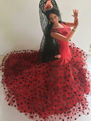 Vintage Marin Chiclana Flamenco Dancer - Red Polka Dot Gown Made In Spain 18 "
