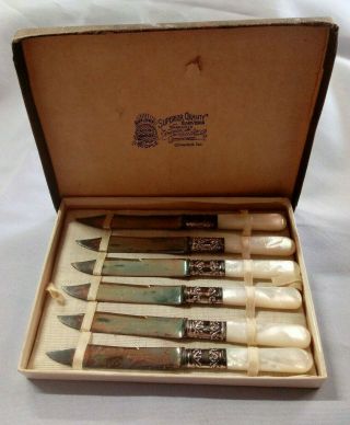 6pc American Cutlery Co Mother Of Pearl Handled Fruit Knives Sterling Collar
