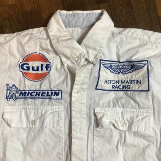 Vintage Rare Gulf Oil Gas Station Aston Martin Michelin & Patch Racing Shirt Lrg