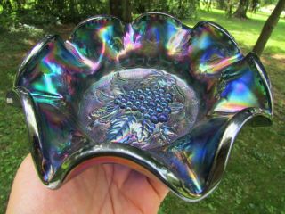 Imperial Heavy Grape Antique Carnival Glass Ruffled Bowl Rare Blue A Beauty