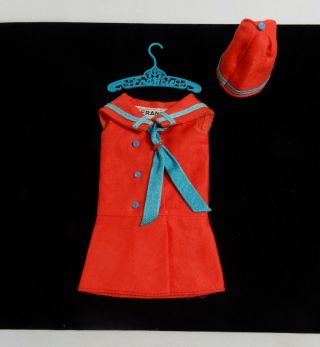Vintage Mattel 1965 Francie Red And Blue Dress,  Hat & Frencie Hanger