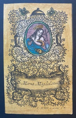 Engraving Antique 18th? Century Holy Card St Mary Magdanela Maria Sign